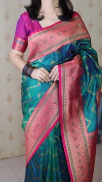 Premium Banarasi Soft Silk Saree with Gold Zari Zigzag Geometric Weaves - FREE, P.GREEN