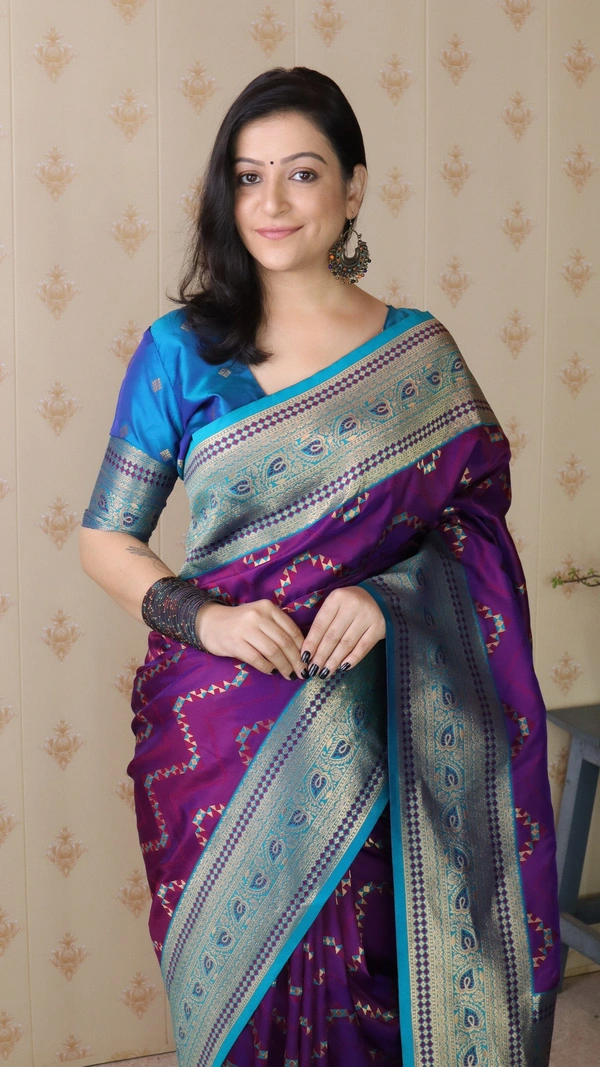 Premium Banarasi Soft Silk Saree with Gold Zari Zigzag Geometric Weaves - FREE, PURPLE