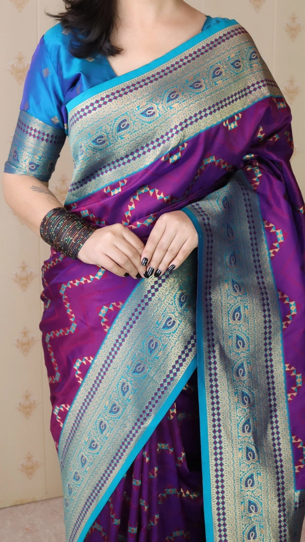 Premium Banarasi Soft Silk Saree with Gold Zari Zigzag Geometric Weaves - FREE, PURPLE