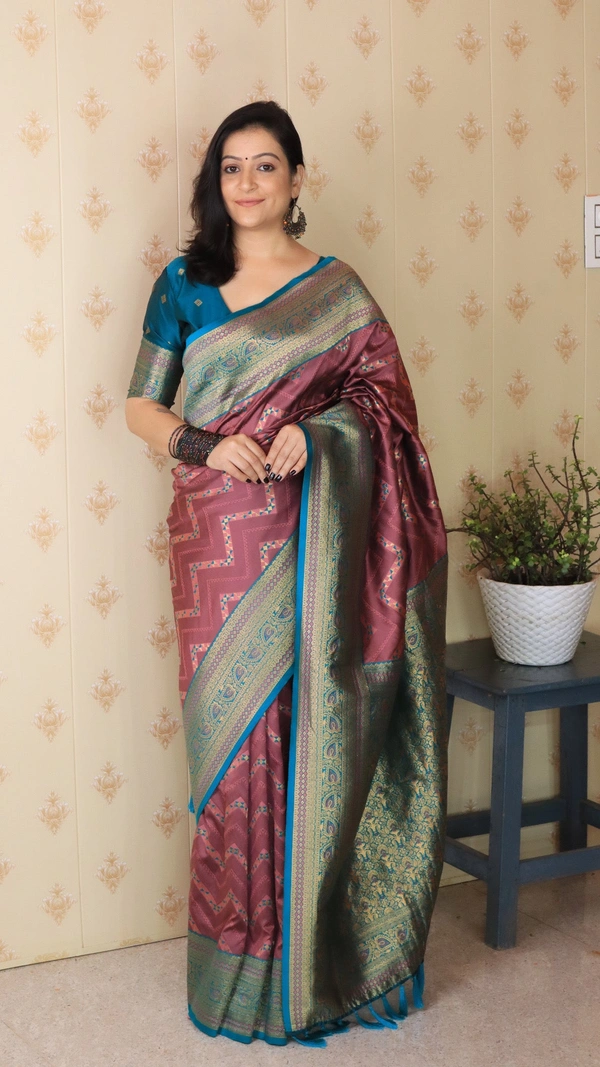 Premium Banarasi Soft Silk Saree with Gold Zari Zigzag Geometric Weaves