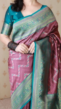 Premium Banarasi Soft Silk Saree with Gold Zari Zigzag Geometric Weaves - FREE, CORAL