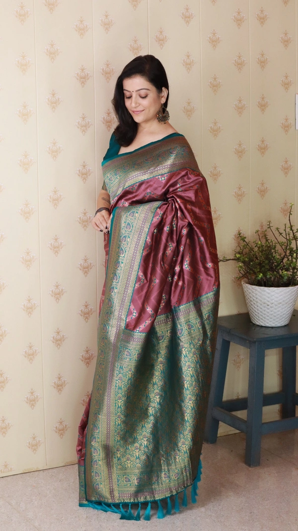 Premium Banarasi Soft Silk Saree with Gold Zari Zigzag Geometric Weaves - FREE, CORAL