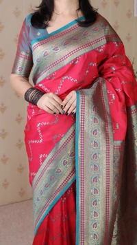 Premium Banarasi Soft Silk Saree with Gold Zari Zigzag Geometric Weaves - FREE, PINK