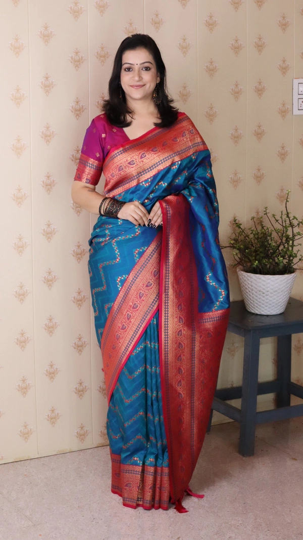 Premium Banarasi Soft Silk Saree with Gold Zari Zigzag Geometric Weaves