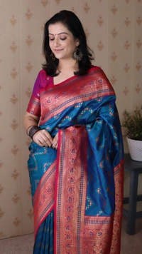 Premium Banarasi Soft Silk Saree with Gold Zari Zigzag Geometric Weaves - FREE, RAMA