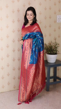 Premium Banarasi Soft Silk Saree with Gold Zari Zigzag Geometric Weaves - FREE, RAMA