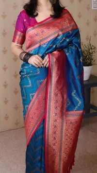 Premium Banarasi Soft Silk Saree with Gold Zari Zigzag Geometric Weaves - FREE, RAMA