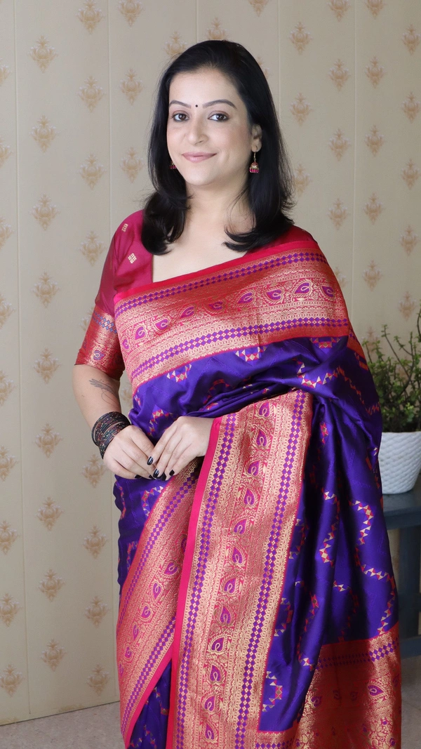 Premium Banarasi Soft Silk Saree with Gold Zari Zigzag Geometric Weaves - FREE, VIOLET