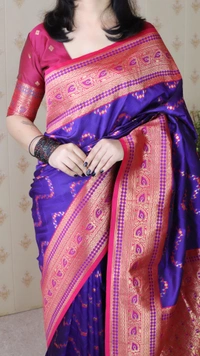 Premium Banarasi Soft Silk Saree with Gold Zari Zigzag Geometric Weaves - FREE, VIOLET