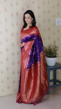 Premium Banarasi Soft Silk Saree with Gold Zari Zigzag Geometric Weaves - FREE, VIOLET