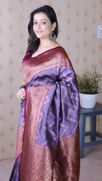 Premium Banarasi Soft Silk Saree with Gold Zari Zigzag Geometric Weaves - FREE, LAVENDER