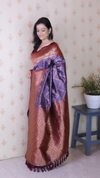 Premium Banarasi Soft Silk Saree with Gold Zari Zigzag Geometric Weaves - FREE, LAVENDER