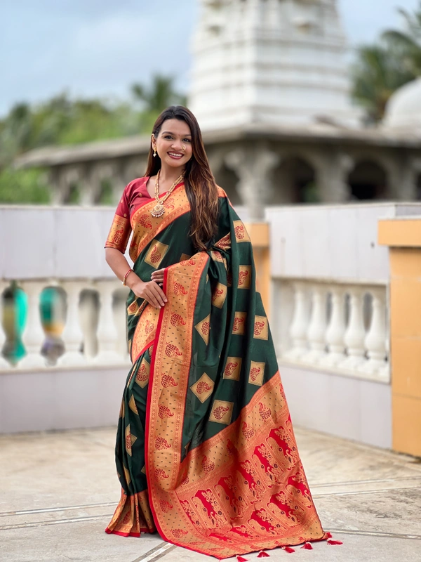 PAITHANI_HOUSE314 Premium Banarasi Soft Silk Saree with Rich Contrast Pallu & Blouse - APURVA SILK - B GREEN