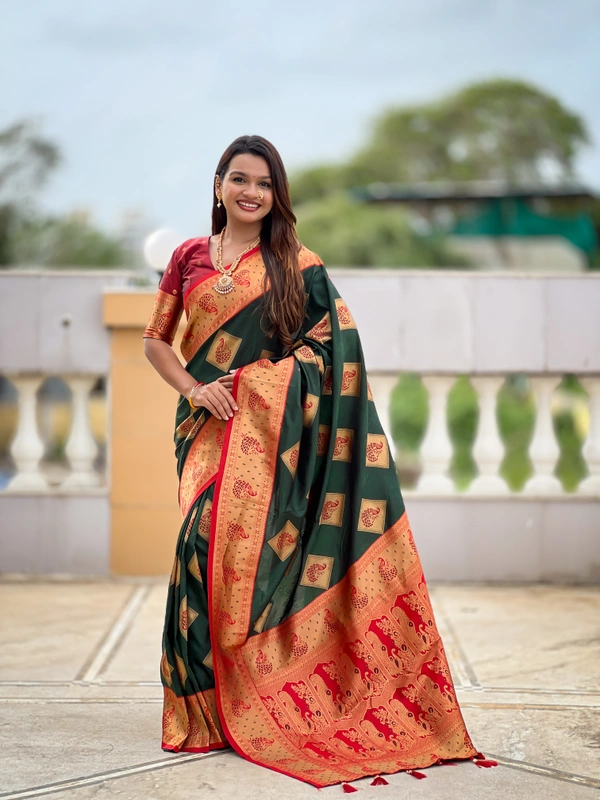 PAITHANI_HOUSE314 Premium Banarasi Soft Silk Saree with Rich Contrast Pallu & Blouse - APURVA SILK - B GREEN