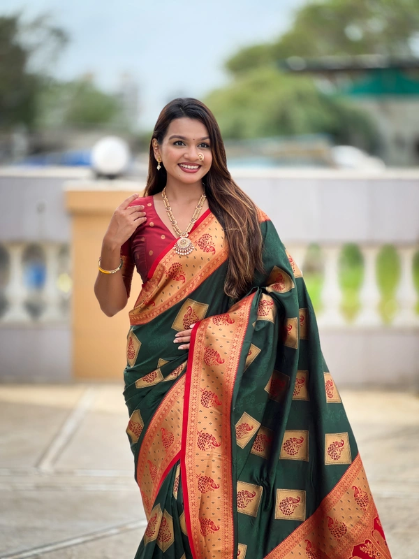PAITHANI_HOUSE314 Premium Banarasi Soft Silk Saree with Rich Contrast Pallu & Blouse - APURVA SILK - B GREEN