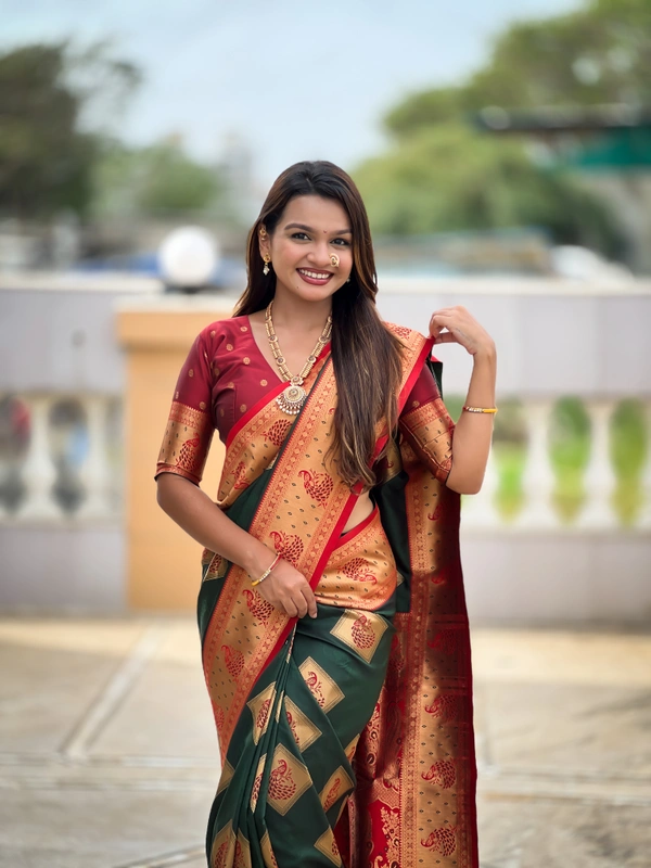 PAITHANI_HOUSE314 Premium Banarasi Soft Silk Saree with Rich Contrast Pallu & Blouse - APURVA SILK - B GREEN