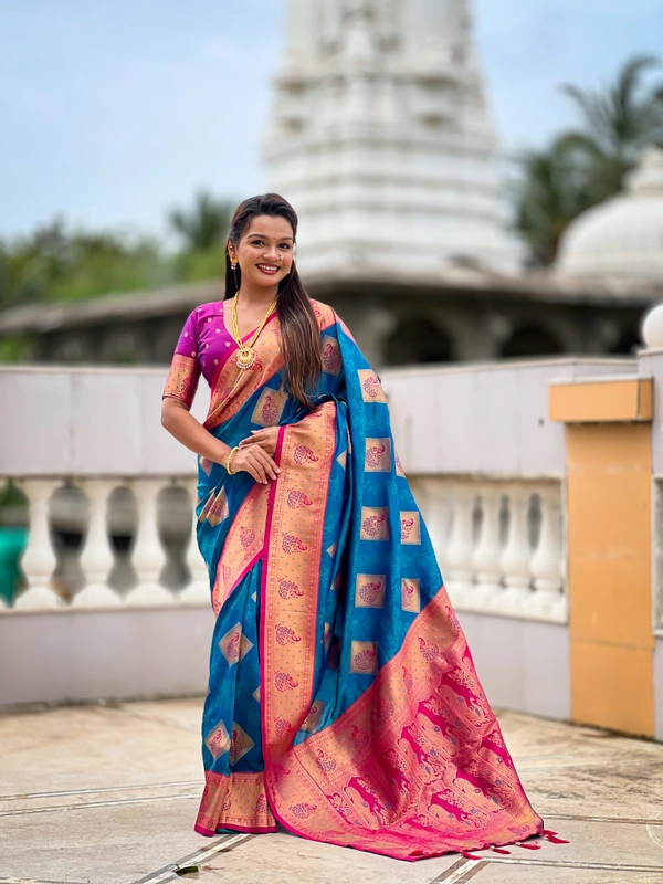 PAITHANI_HOUSE315 Premium Banarasi Soft Silk Saree with Rich Contrast Pallu & Blouse - APURVA SILK - FIROZI