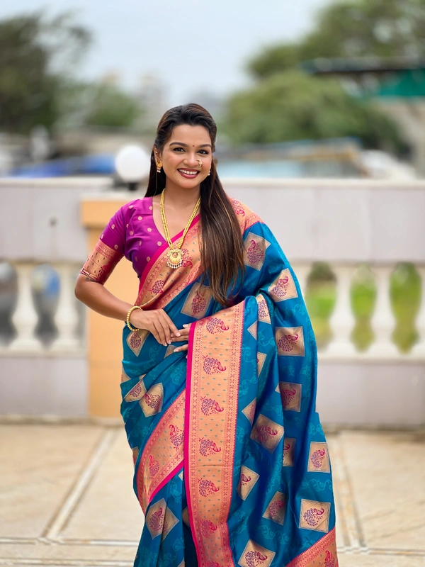 PAITHANI_HOUSE315 Premium Banarasi Soft Silk Saree with Rich Contrast Pallu & Blouse - APURVA SILK - FIROZI