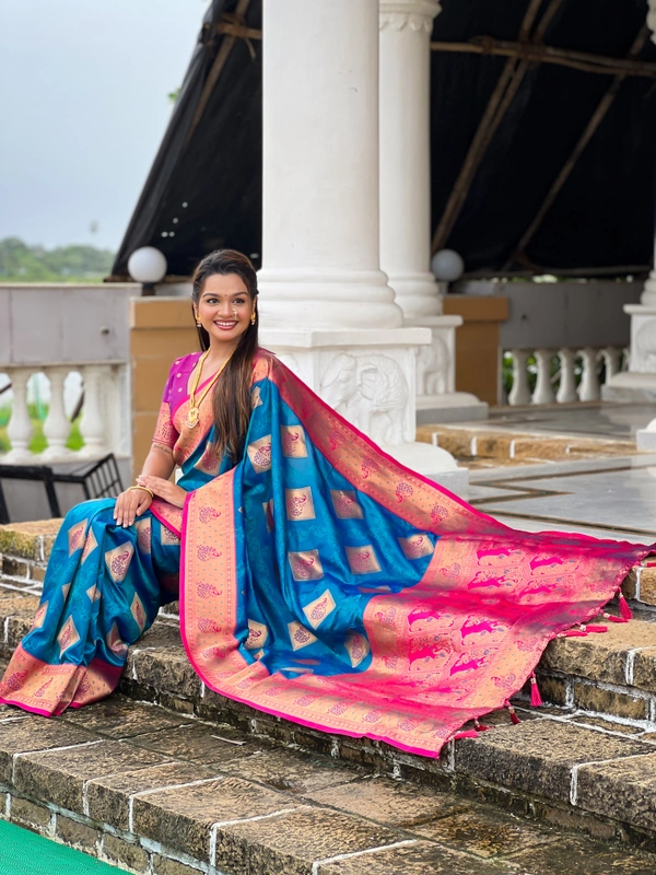 PAITHANI_HOUSE315 Premium Banarasi Soft Silk Saree with Rich Contrast Pallu & Blouse - APURVA SILK - FIROZI