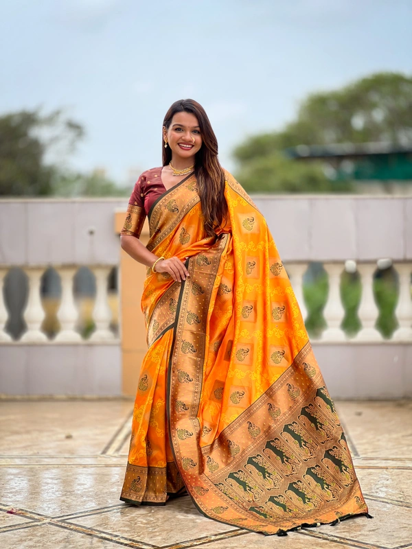 PAITHANI_HOUSE316 Premium Banarasi Soft Silk Saree with Rich Contrast Pallu & Blouse - APURVA SILK - MUSTURED ORANGE