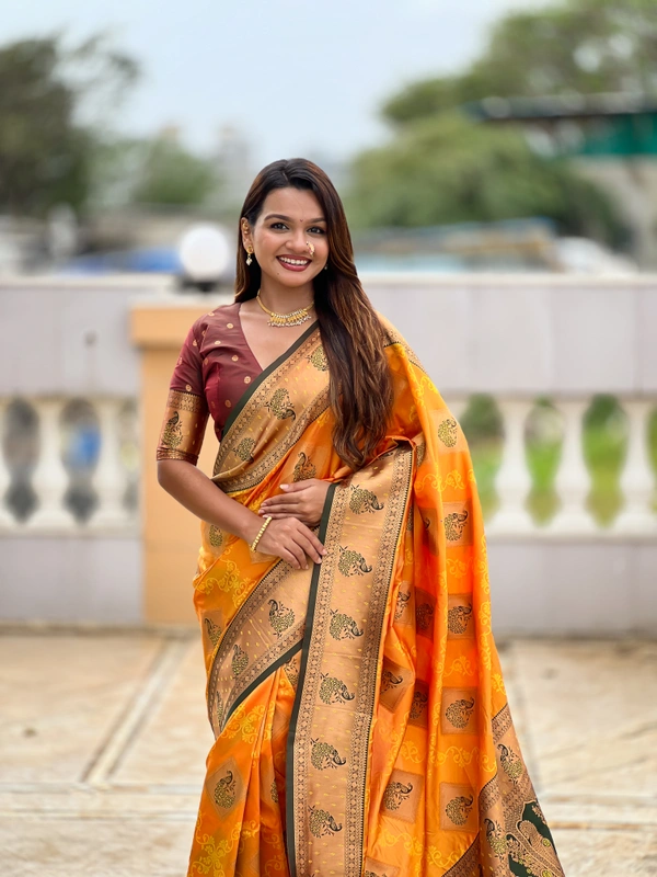 PAITHANI_HOUSE316 Premium Banarasi Soft Silk Saree with Rich Contrast Pallu & Blouse - APURVA SILK - MUSTURED ORANGE