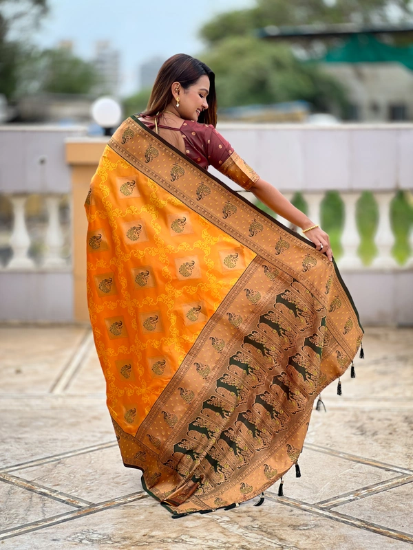 PAITHANI_HOUSE316 Premium Banarasi Soft Silk Saree with Rich Contrast Pallu & Blouse - APURVA SILK - MUSTURED ORANGE