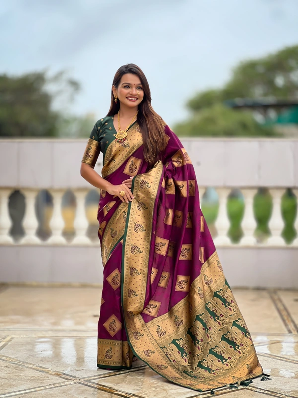 PAITHANI_HOUSE319 Premium Banarasi Soft Silk Saree with Rich Contrast Pallu & Blouse - APURVA SILK - WINE