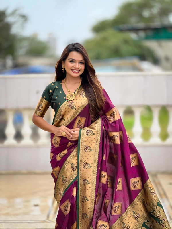 PAITHANI_HOUSE319 Premium Banarasi Soft Silk Saree with Rich Contrast Pallu & Blouse - APURVA SILK - WINE