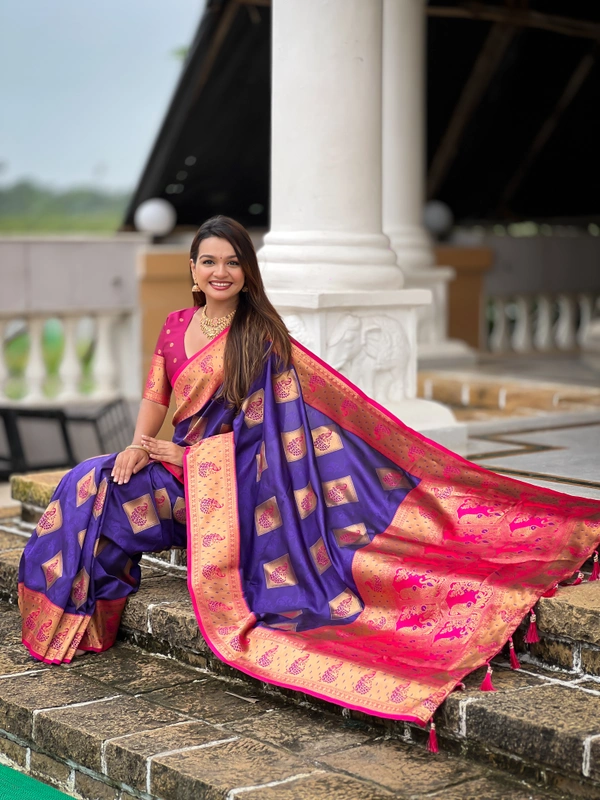 PAITHANI_HOUSE321 Premium Banarasi Soft Silk Saree with Rich Contrast Pallu & Blouse - APURVA SILK - VIOLET