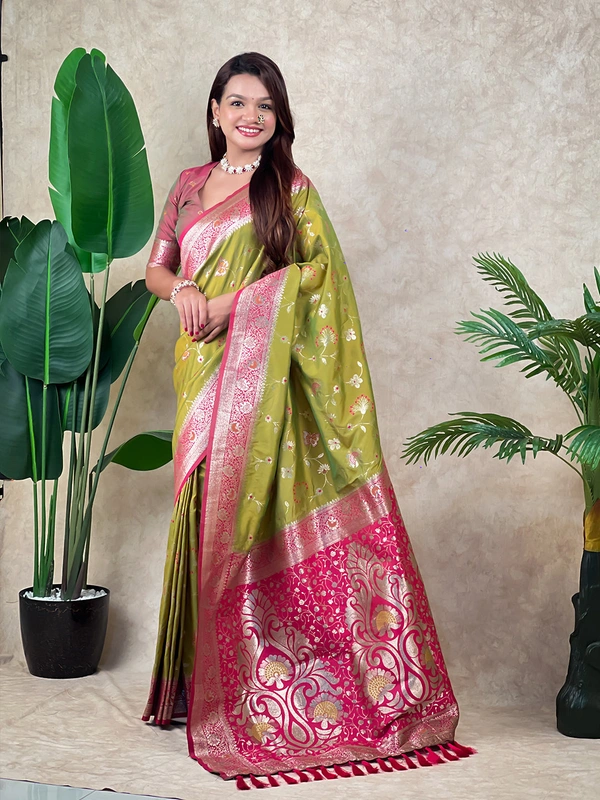 Premium Banarasi Soft Silk Saree with Rose Gold Meenakari Jaal Weave