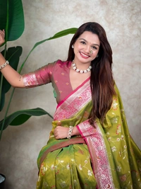 Premium Banarasi Soft Silk Saree with Rose Gold Meenakari Jaal Weave - FREE, MEHENDI