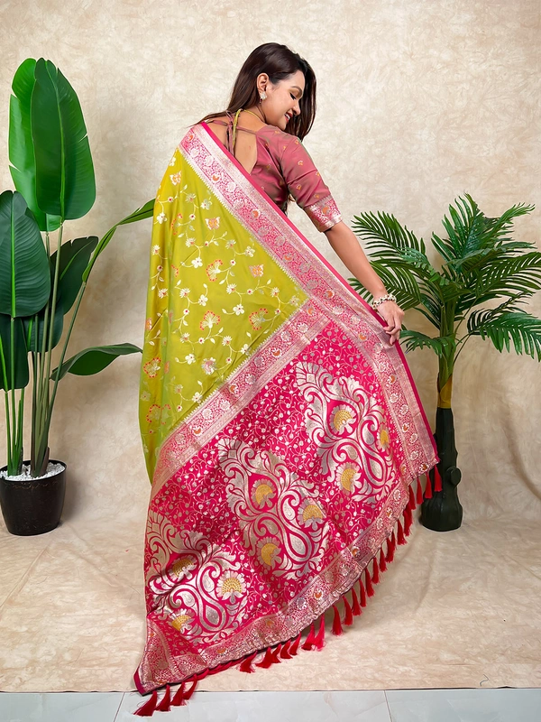 Premium Banarasi Soft Silk Saree with Rose Gold Meenakari Jaal Weave - FREE, MEHENDI