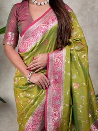Premium Banarasi Soft Silk Saree with Rose Gold Meenakari Jaal Weave - FREE, MEHENDI