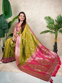 Premium Banarasi Soft Silk Saree with Rose Gold Meenakari Jaal Weave - FREE, MEHENDI