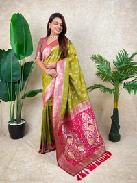 Premium Banarasi Soft Silk Saree with Rose Gold Meenakari Jaal Weave - FREE, MEHENDI