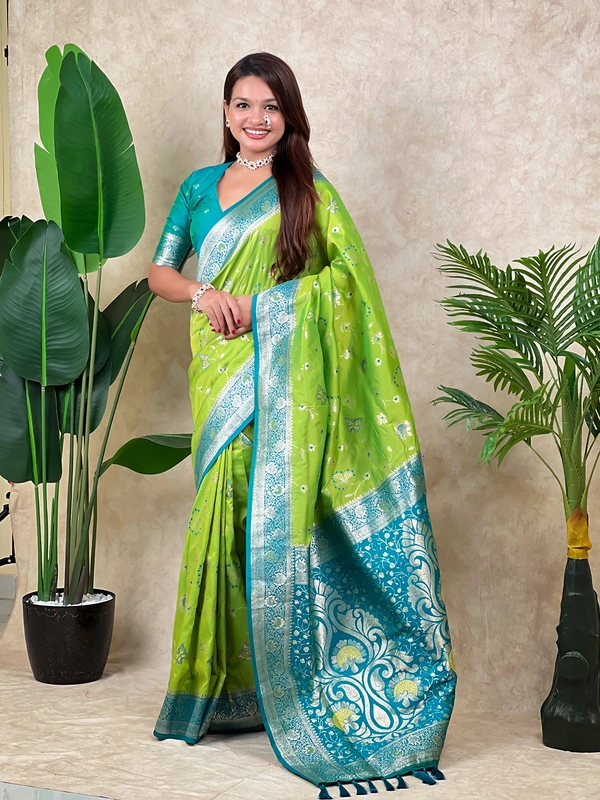 Premium Banarasi Soft Silk Saree with Rose Gold Meenakari Jaal Weave