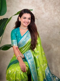 Premium Banarasi Soft Silk Saree with Rose Gold Meenakari Jaal Weave - FREE, PISTA
