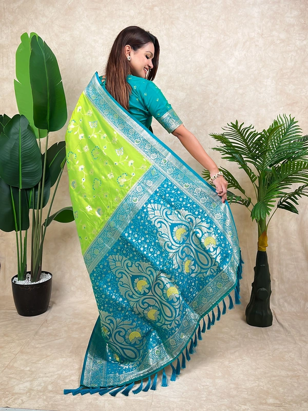 Premium Banarasi Soft Silk Saree with Rose Gold Meenakari Jaal Weave - FREE, PISTA