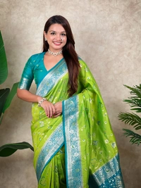 Premium Banarasi Soft Silk Saree with Rose Gold Meenakari Jaal Weave - FREE, PISTA
