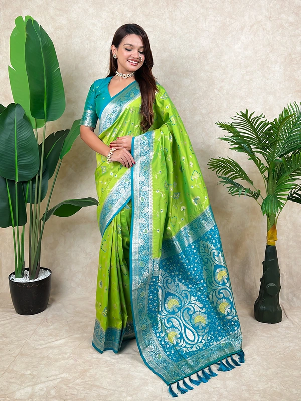 Premium Banarasi Soft Silk Saree with Rose Gold Meenakari Jaal Weave - FREE, PISTA