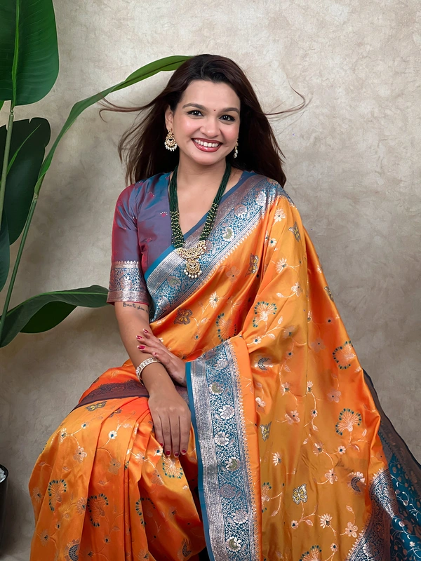 Premium Banarasi Soft Silk Saree with Rose Gold Meenakari Jaal Weave - FREE, ORANGE