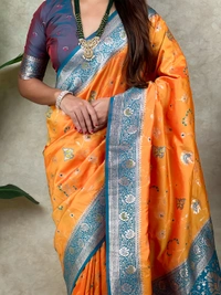 Premium Banarasi Soft Silk Saree with Rose Gold Meenakari Jaal Weave - FREE, ORANGE