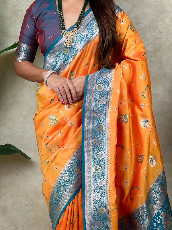 Premium Banarasi Soft Silk Saree with Rose Gold Meenakari Jaal Weave - FREE, ORANGE