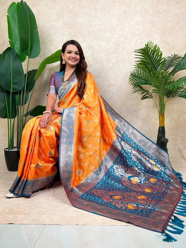 Premium Banarasi Soft Silk Saree with Rose Gold Meenakari Jaal Weave - FREE, ORANGE