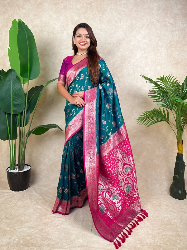 Premium Banarasi Soft Silk Saree with Rose Gold Meenakari Jaal Weave