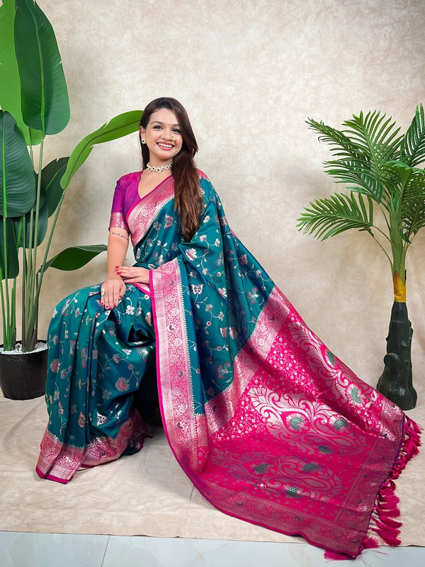 Premium Banarasi Soft Silk Saree with Rose Gold Meenakari Jaal Weave - FREE, P.GREEN