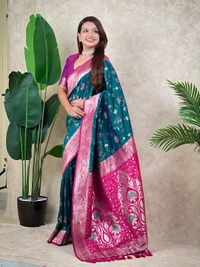 Premium Banarasi Soft Silk Saree with Rose Gold Meenakari Jaal Weave - FREE, P.GREEN