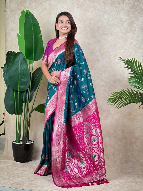 Premium Banarasi Soft Silk Saree with Rose Gold Meenakari Jaal Weave - FREE, P.GREEN