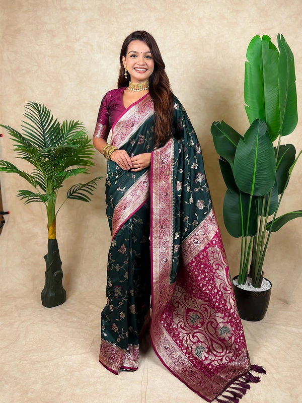 Premium Banarasi Soft Silk Saree with Rose Gold Meenakari Jaal Weave