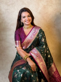Premium Banarasi Soft Silk Saree with Rose Gold Meenakari Jaal Weave - FREE, BOTTLEGREEN